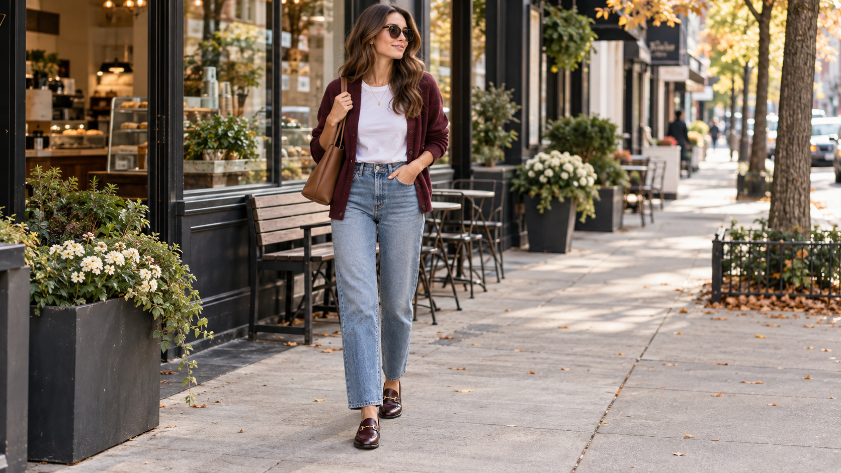 White Tee with Straight-Leg Jeans Burgundy Cardigan and Loafers